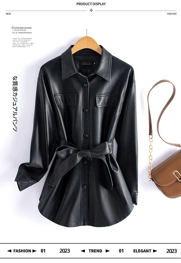 Chic women's sheepskin leather jacket with turn-down collar, lace-up belt, and adjustable waist for a stylish, comfortable fi