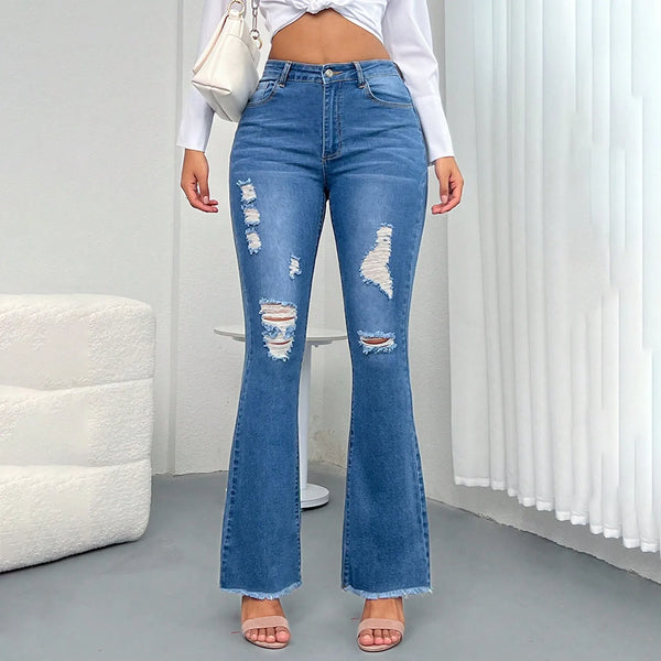 Chic light blue ripped flared jeans for women with high waist, deep pockets, and retro style for versatile fashion.