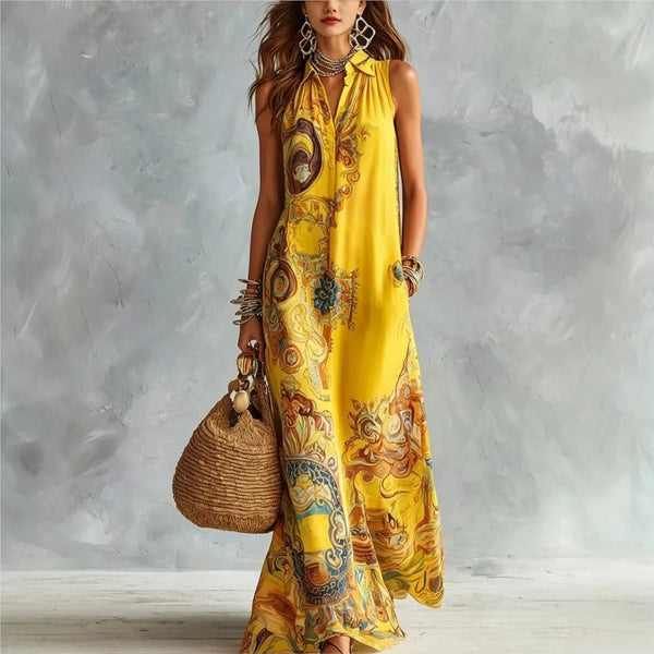 Retro printed sleeveless lapel vest dress in floor-length maxi silhouette with button-front detail