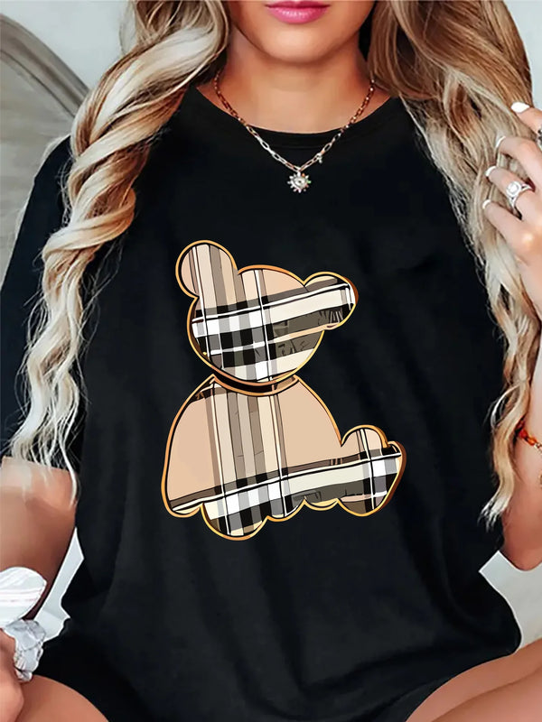 Sporty striped bear print t-shirt with moisture-wicking fabric for women in regular fit