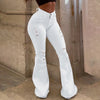 Chic light blue ripped flared jeans for women with high waist, deep pockets, and retro style for versatile fashion.