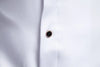 Vintage-style men's casual dress shirt with stand collar, irregular hem, and solid pattern for versatile wear.