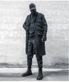 Men's black long trench coat with multi pockets, gothic punk design, perfect for autumn and spring streetwear fashion.