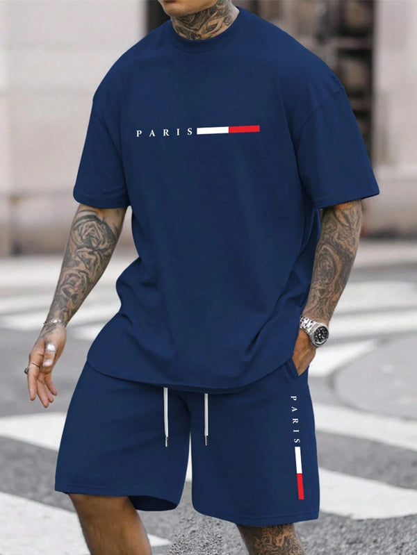 Men's matching shorts and tee set with contemporary print pattern detail