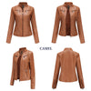 Chic women's slim leather biker jacket with zip detail, stand-up collar, and tailored fit for a stylish urban look.