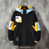 Men's hooded windbreaker jacket with color block design, lightweight polyester, zip-up front, perfect for casual wear.