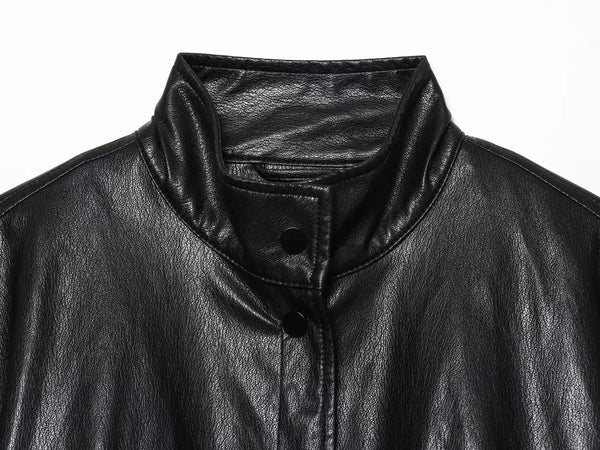 Chic faux leather bomber jacket for women, perfect for autumn fashion and versatile layering with a stylish turtleneck collar