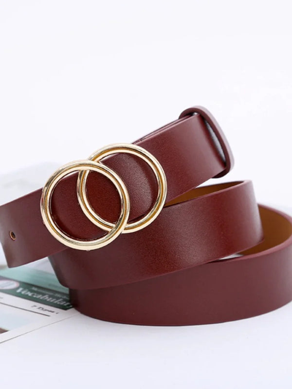Chic double ring PU leather belt for women in classic black, perfect for jeans and dresses, adjustable for a perfect fit.