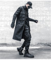 Men's black long trench coat with multi pockets, gothic punk design, stylish urban outerwear for spring and autumn.