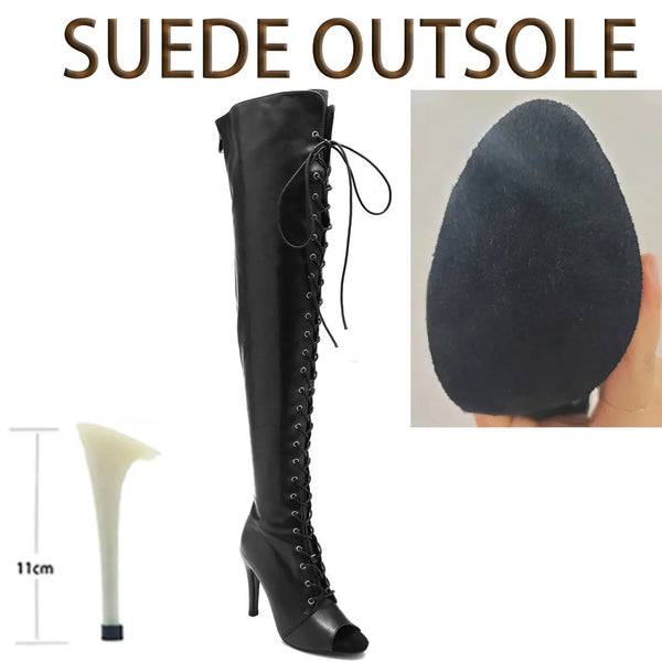 Stage-worthy over-the-knee boots combining peep toe detail with high stiletto