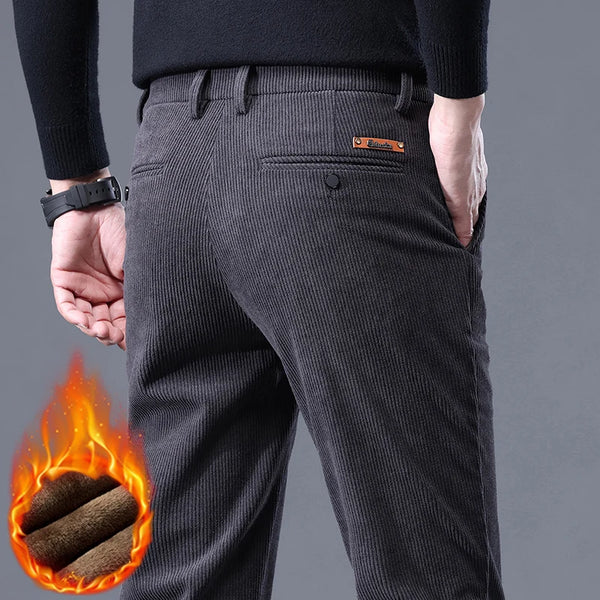 Winter stretch corduroy trousers with plush fleece lining and regular fit