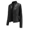 Chic women's slim leather biker jacket with zip detail, stand-up collar, and tailored fit for stylish urban looks.
