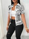 Chic newspaper print blouse featuring a V-neck and short sleeves, perfect for casual or office wear in summer.