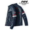 Stylish Men's PU Leather Biker Jacket in red, dark blue, and black with embroidery, perfect for winter and casual outings.