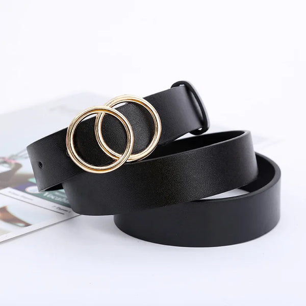 Chic double ring PU leather belt for women in classic black, perfect for jeans and dresses, stylish and adjustable accessory.