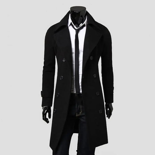 Classic double-breasted men's wool trench coat in solid color, perfect for winter, casual and professional settings.