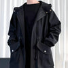 Stylish men's mid-length trench coat with hood, big pockets, windproof, perfect for autumn and spring outdoor activities.