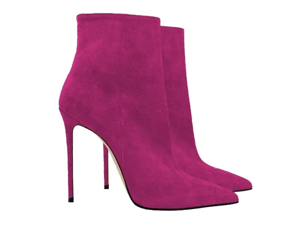 Fashionable pointed toe stiletto boots in black suede.