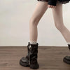 Chic women's mid-calf biker boots with buckle detail, zipper closure, and plush lining for comfort and style in cooler weathe