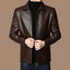 Men's faux leather jacket with zip-up front and stand collar, perfect for autumn and winter casual or professional wear.