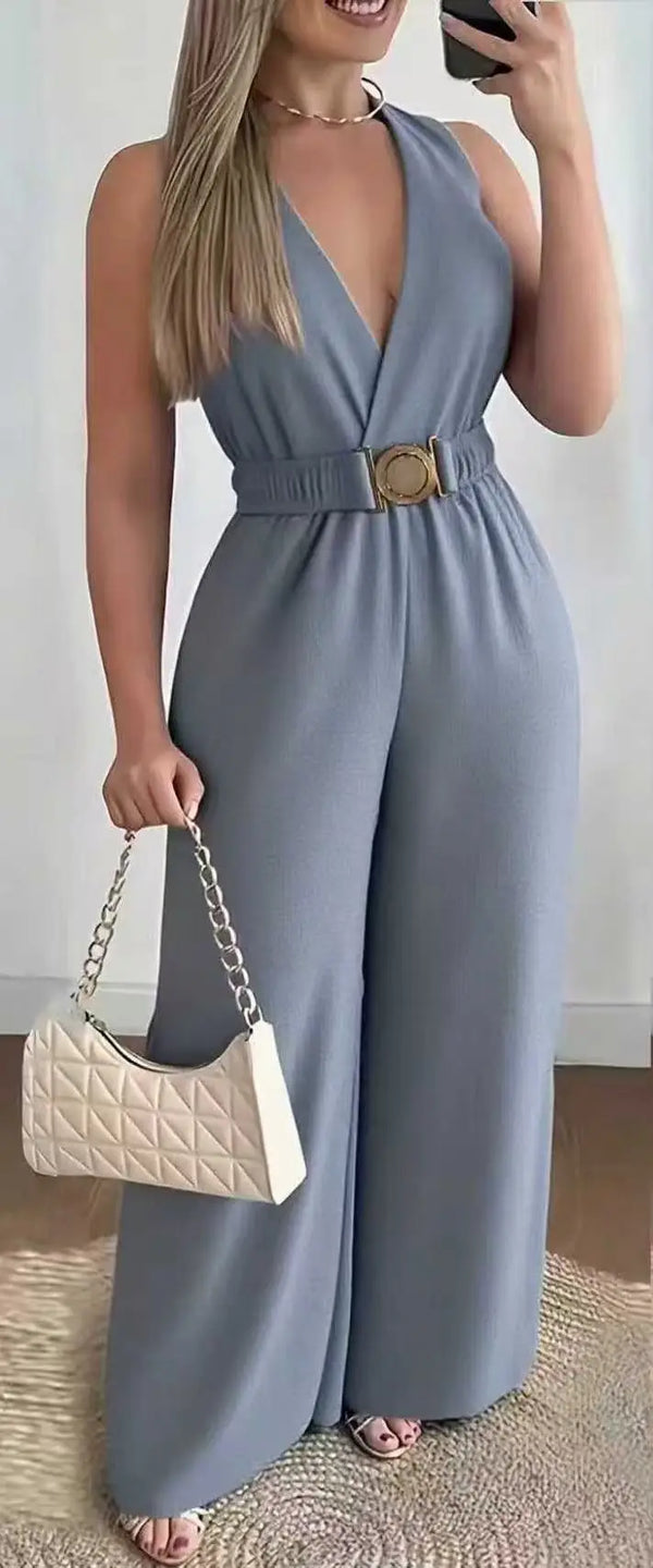 Premium cotton-polyester jumpsuit with flattering wide-leg silhouette