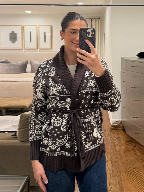 Medium-weight Fair Isle cardigan with tie belt in heritage knit pattern