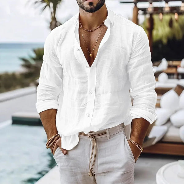 Men's breathable cotton linen shirt in solid color with classic collar and relaxed fit for warm weather comfort