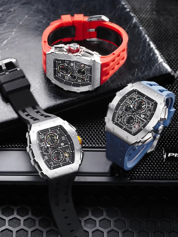 Side view of TSAR BOMBA watch highlighting military-grade silicone strap.