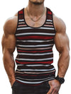 Back view of quick-dry striped tank top with crew neck and sleeveless cut