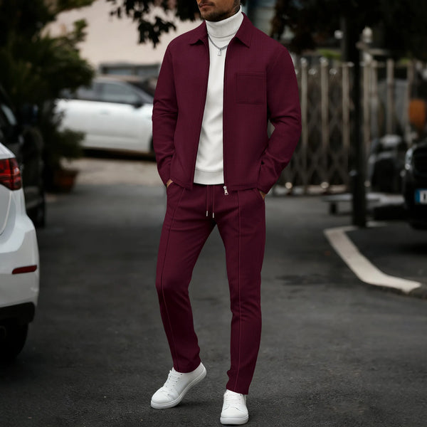 Two-piece waffle textured loungewear set with sporty zip detail and coordinated bottoms