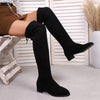 Chic over-the-knee women's winter boots with flannel upper, pointed toe, and square heel for stylish cold weather wear.