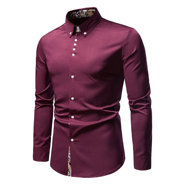 Classic men's white long sleeve polo shirt with stand collar, single-breasted closure, perfect for smart casual occasions.
