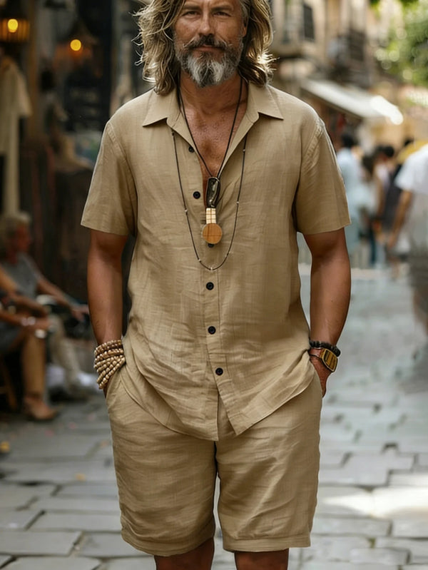 Wrinkle-resistant cotton knit set with button-up shirt and elastic waist shorts