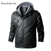 Men's Autumn Winter PU Leather Moto Jacket with detachable hood, mandarin collar, and zippered accents for stylish comfort.