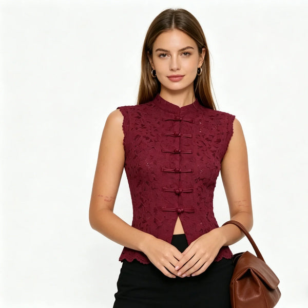 Delicate tatting weave lace crop top with decorative frog buttons and modern edge