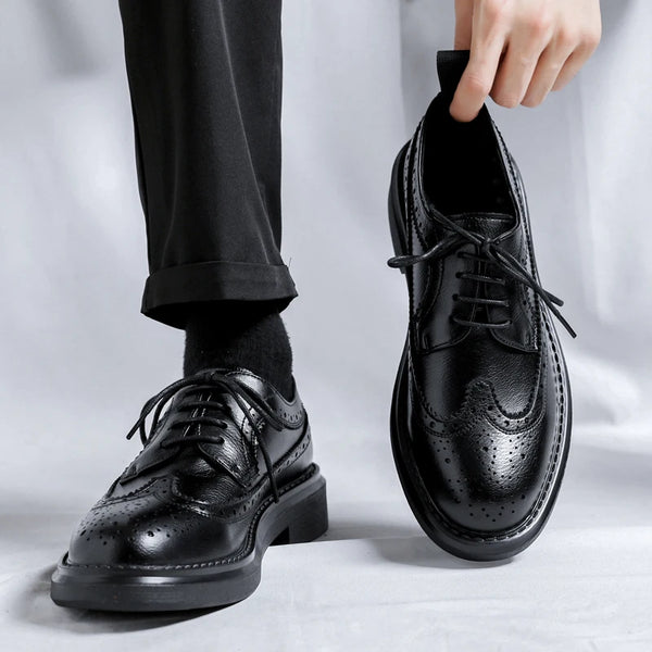 Classic black patent leather Oxford dress shoes for men.
