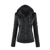 Chic hooded faux leather jacket for women in black, perfect for autumn and winter with a stylish zip-up design and pockets.