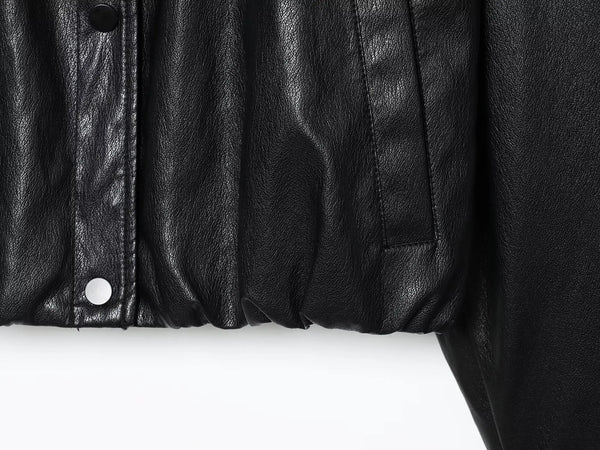 Chic faux leather bomber jacket for women, perfect for autumn fashion, layering, and versatile styling with turtleneck collar