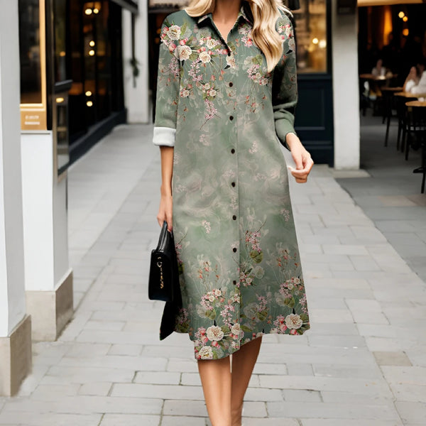 Classic button-front dress with vibrant floral print and tailored collar
