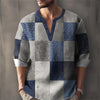 Casual geometric henley shirt featuring breathable cotton-linen fabric