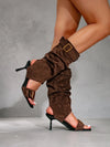 Leg-lengthening mid-calf boots with denim suede combo and high heel