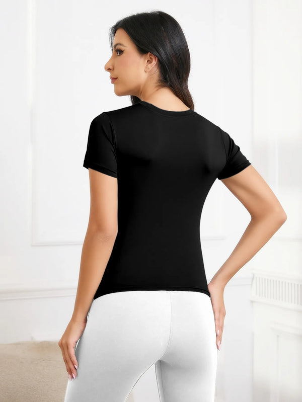 Lightweight moisture-wicking short sleeve yoga top in true-to-size regular fit
