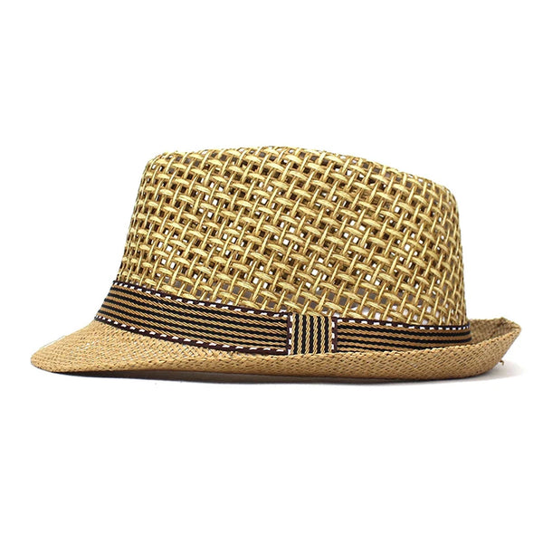 Stylish classic straw fedora with UV protection, ideal for beach outings.