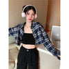 Trendy High-Waist Sunscreen Plaid Shirt Coat in Blue and Black for Women