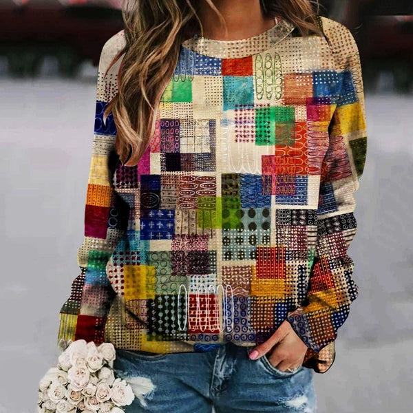 Chic Botanical Print Patchwork Sweater, Cute Pullover Top
