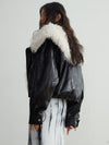 Vintage Luxury Leather Jacket with Detachable Fur Collar in Black PU Leather