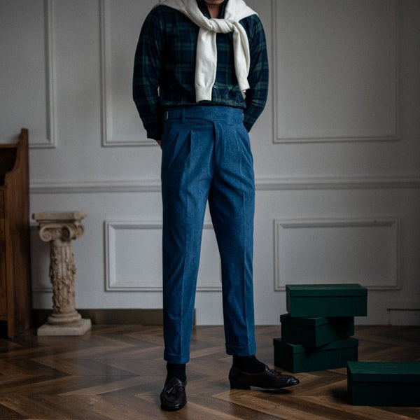 Men's High Waist Corduroy Casual Pants in Milky White, Brown, or Sapphire Blue - Youth Fashion Straight-Leg Style - Asian Size Clothing.