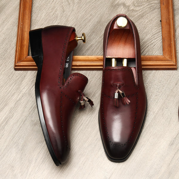 Elegant Cowhide Leather Shoes for Weddings and Formal Events in Black or Wine Red, Round Toe, Rubber Soles, Sizes 37-45