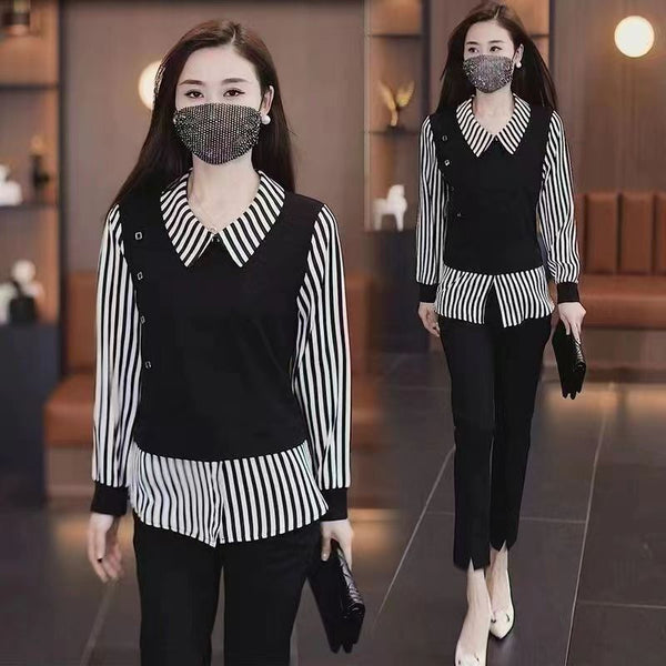 Chic Western-Style Dual-Look Ladies’ Shirt in Black and Coffee Stripes - Polyester Fabric - Long Sleeve Fashion Top - Sizes M to 5XL