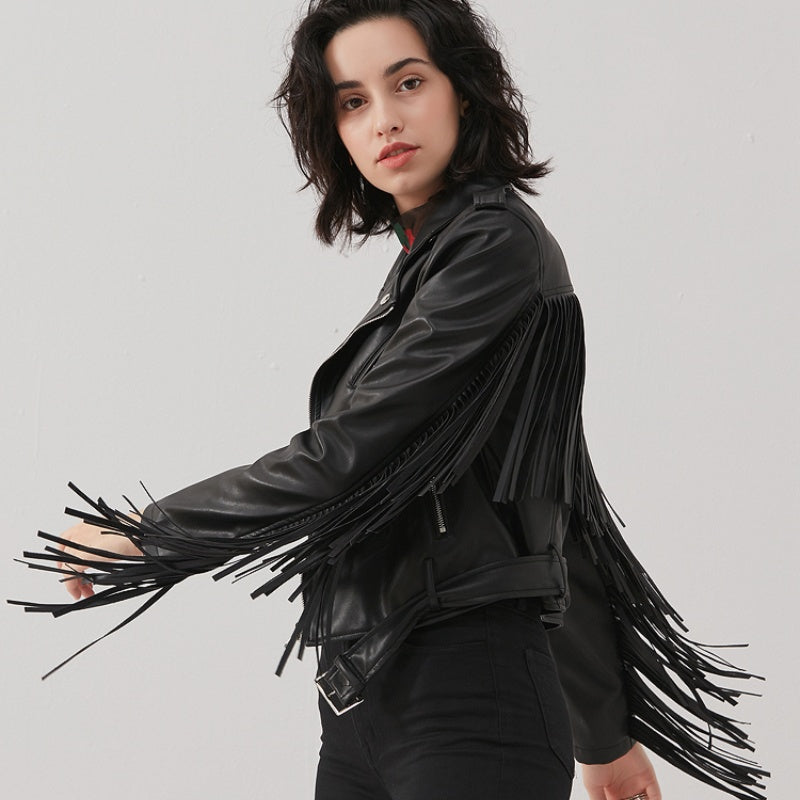 New Women's Tassel Short Slim Leather Jacket Motorcycle